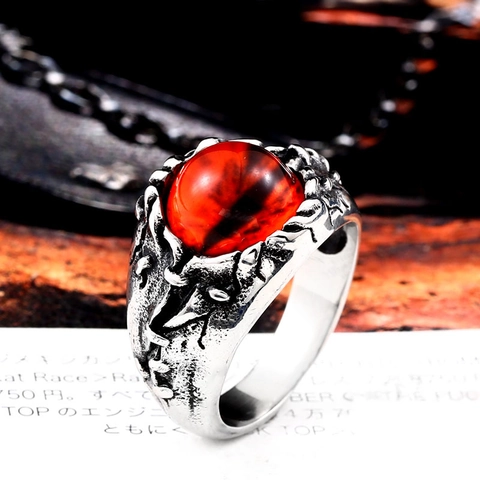 Retro Böser Blick Roter Stein Edelstahl Ring Für Herren Punk Gothic Kralle Eingelegt Distressed Biker Ring Rock Schmuck