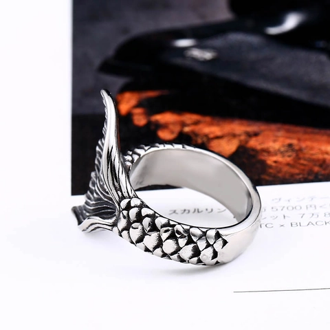 Retro Stainless Steel Fish Tail Ring For Men Women Antique Punk Koi Tail Open Ring Personalized Fashion Jewelry Gift
