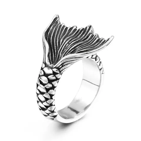 Retro Stainless Steel Fish Tail Ring For Men Women Antique Punk Koi Tail Open Ring Personalized Fashion Jewelry Gift
