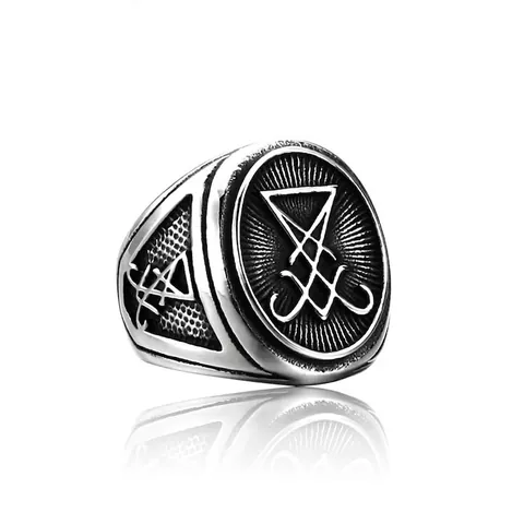 Men's Retro Stainless Steel Sigil Of Lucifer Ring Gothic Punk Satanic Signet Ring Antique Silver Band Jewelry For Men