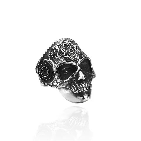 Vintage Punk Skull Ring For Men Carved Mandala Sugar Skull Stainless Steel Gothic Biker Ring Retro Jewelry Gift For Party