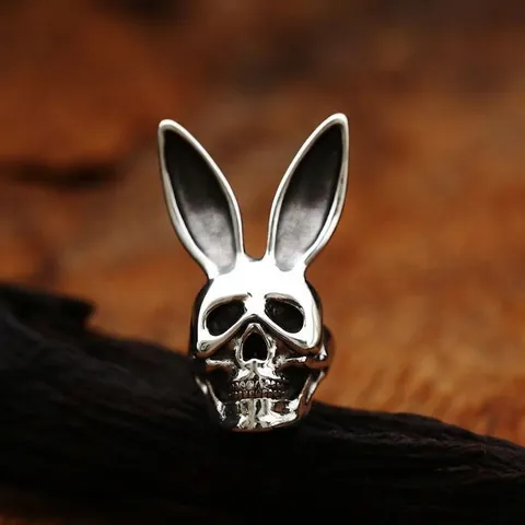 Vintage Stainless Steel Rabbit Ear Skull Ring For Men Women Punk Gothic Biker Jewelry Distressed Retro Skull Finger Ring