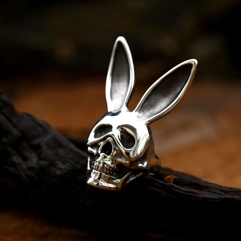 Vintage Stainless Steel Rabbit Ear Skull Ring For Men Women Punk Gothic Biker Jewelry Distressed Retro Skull Finger Ring