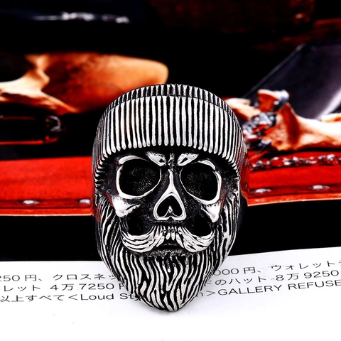 Vintage Stainless Steel Bearded Skull Ring For Men Gothic Punk Retro Silver Biker Knit Hat Beard Skull Finger Ring Jewelry