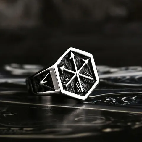 Vintage Stainless Steel Hexagon Signet Ring For Men Personalized Crossed Arrow Pattern Punk Hip Hop Jewelry Band Ring