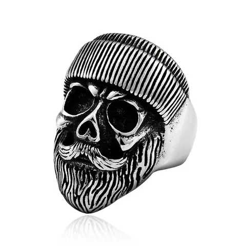 Vintage Stainless Steel Bearded Skull Ring For Men Gothic Punk Retro Silver Biker Knit Hat Beard Skull Finger Ring Jewelry