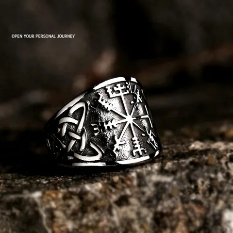 Vintage Viking Vegvisir Rune Stainless Steel Ring For Men Nordic Compass Celtic Knot Band Ring Punk Gothic Biker Jewelry
