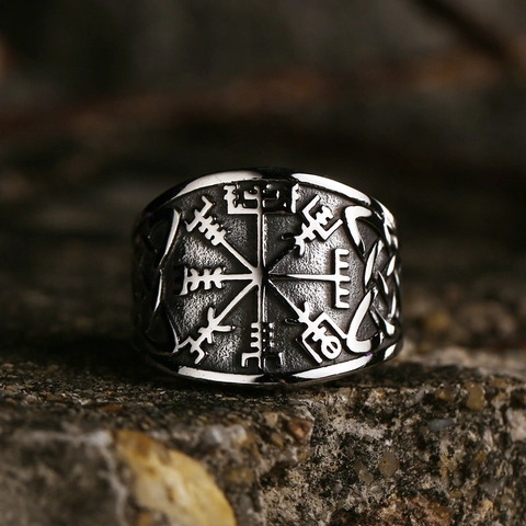 Vintage Viking Vegvisir Rune Stainless Steel Ring For Men Nordic Compass Celtic Knot Band Ring Punk Gothic Biker Jewelry