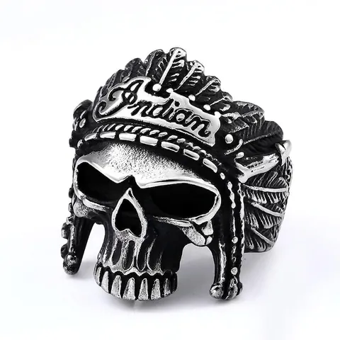 Anello Teschio Indiano in Acciaio Inossidabile Vintage per Uomo Retro Punk Rock Biker Capo Piuma Ossidato Argento Gioielli