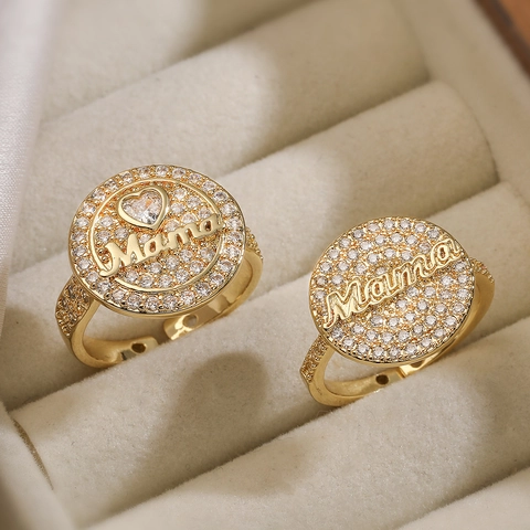 Fashion 18K Gold Plated Copper Zirconia MAMA Heart Open Ring Adjustable Minimalist Jewelry For Women Mother's Day Gift
