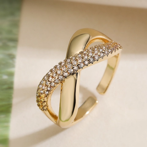 Minimalist Geometric Cross Open Ring For Women Copper Gold Silver Plated Micro Pave Rhinestone Adjustable Finger Ring Jewelry