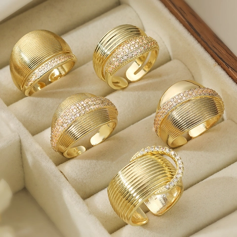 Vintage 18K Gold Plated Copper Wide Band Open Ring Minimalist Geometric Rhinestone Inlaid Adjustable Finger Ring For Women