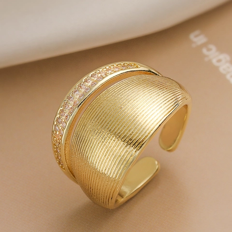 Vintage 18K Gold Plated Copper Wide Band Open Ring Minimalist Geometric Rhinestone Inlaid Adjustable Finger Ring For Women