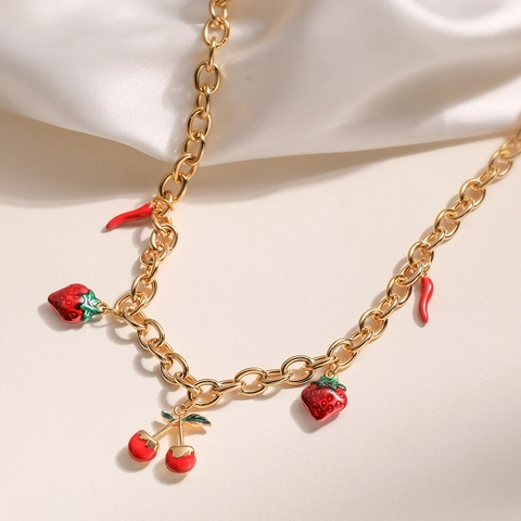 18 Karat Vergoldete Edelstahl Frucht Anhänger Halskette Für Damen Emaille Kirsche Erdbeere Chili Charms Grobe Kette Schmuck