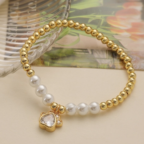 Mode Kupfer Armband Mit Zirkonia Hundepfote Anhänger Herz Kunstperle Vergoldete Perle Armband Für Damen Schmuck