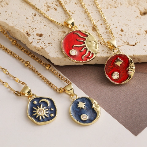 Collana con Pendente in Rame Zirconia Vintage Sole Luna Stella Celeste Smalto Placcato Oro Gioielli Boho per Donna Accessorio
