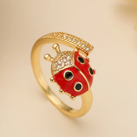 Moderno Anello Aperto a Coccinella in Rame Placcato Oro 18K Zircone Smalto Rosso Anello Regolabile Gioielli da Donna