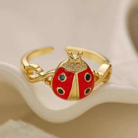 Moderno Anello Aperto a Coccinella in Rame Placcato Oro 18K Zircone Smalto Rosso Anello Regolabile Gioielli da Donna