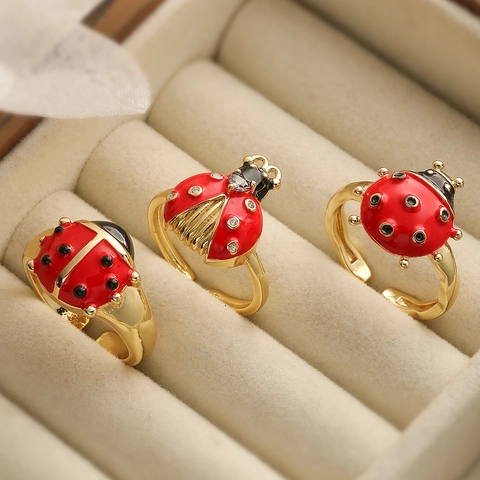 Ladybug Open Adjustable Ring 18K Gold Plated Copper Red Enamel Zirconia Insect Finger Ring For Women Personalized Jewelry