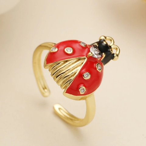 Ladybug Open Adjustable Ring 18K Gold Plated Copper Red Enamel Zirconia Insect Finger Ring For Women Personalized Jewelry
