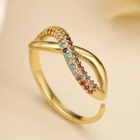 Einfacher Geometrischer Offener Ring Für Damen Kupfer 18K Vergoldet Bunter Zirkonia Eingelegt Verstellbarer Fingerring Modeschmuck