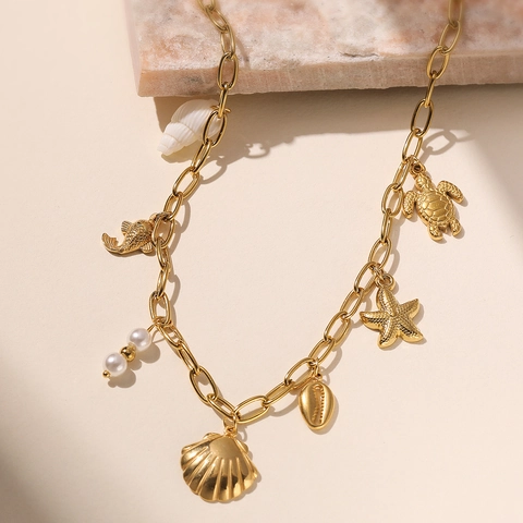Collar con Colgante de Concha de Acero Inoxidable Vintage Chapado en Oro Joyería de Estrella de Mar Mujer Playa