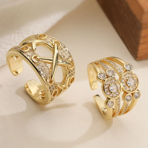 Luxus Kupfer Zirkonia Offener Ring Für Damen 18K Vergoldet Minimalistisch Geometrisch Verstellbar Mode Schmuck Fingerring