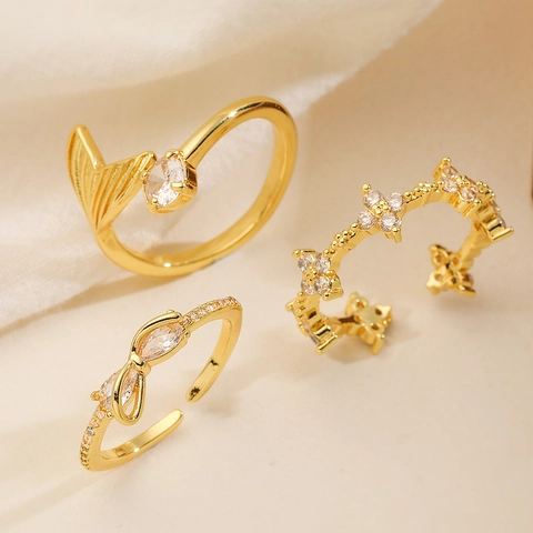 Luxus Kupfer 18K Vergoldet Zirkonia Geometrische Offener Ring Für Damen Minimalistisch Meerjungfrau Kleeblatt Verstellbar