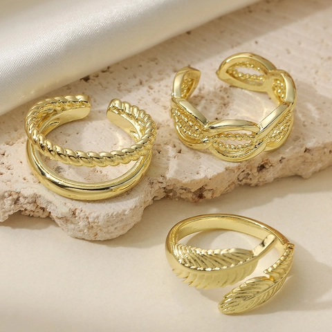Minimalistischer Kupfer Vergoldeter Offener Ring Damen Blatt Feder Geometrisch Verstellbar Geflochtener Doppelschicht Ring Modeschmuck