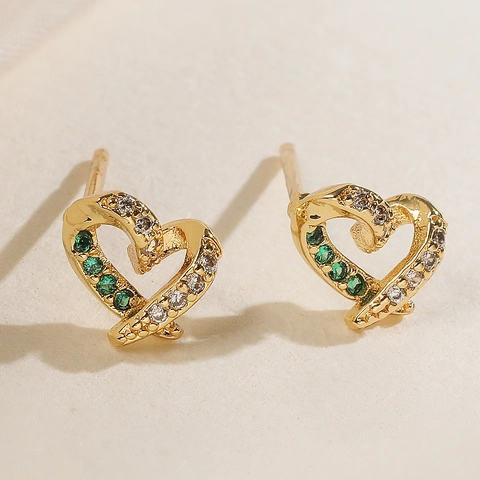 Exquisite Copper Gold Plated Heart Stud Earrings For Women Tiny Crown Inlaid Green White Rhinestone Romantic Commuter Jewelry