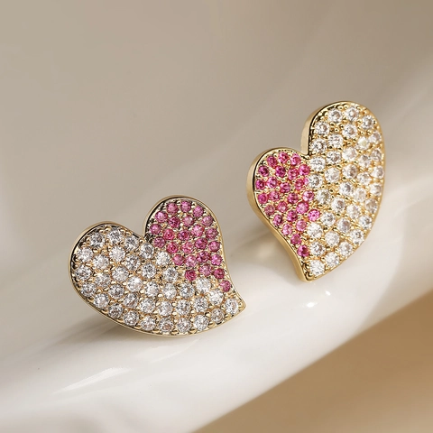 Mode Kupfer Herz Ohrstecker Für Damen 18K Vergoldet Strass Eingelegt Herzförmig Leichter Luxus Vielseitiger Schmuck
