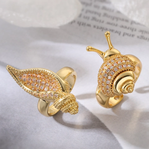 Exquisite Kupfer Strass Schnecke Schale Blatt Offener Ring Für Damen Mode Einfach Verstellbarer Fingerring Schmuck Zubehör