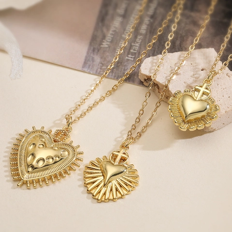 18K Gold Plated Copper Heart Cross Pendant Necklace For Women Vintage Minimalist Zirconia Sunburst Religious Jewelry Accessory