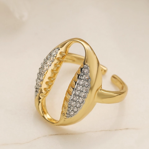 Women Fashion Real Gold Plated Copper Open Ring Adjustable Zircon Heart Turtle Geometric Ring For Daily Party Jewelry