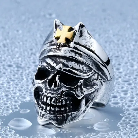 Vintage Punk Skull Ring With Golden Cross Stainless Steel Biker Ring Men Gothic Jewelry Distressed Retro Band Ring