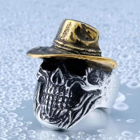 Retro Western Cowboy Hat Skull Ring Stainless Steel Punk Biker Gothic Two Tone Men Vintage Skeleton Jewelry Accessory