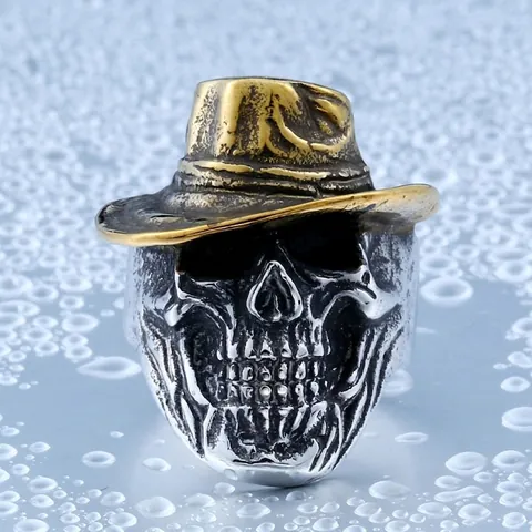 Retro Western Cowboy Hat Skull Ring Stainless Steel Punk Biker Gothic Two Tone Men Vintage Skeleton Jewelry Accessory