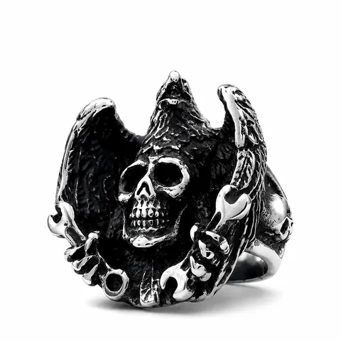 Vintage Gothic Stainless Steel Skull Ring Men Biker Eagle Wing Wrench Mechanical Punk Rock Jewelry Retro Distressed Band
