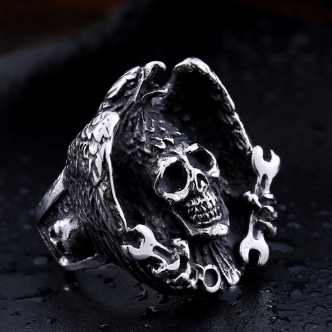 Vintage Gothic Stainless Steel Skull Ring Men Biker Eagle Wing Wrench Mechanical Punk Rock Jewelry Retro Distressed Band