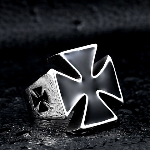 Men Vintage Stainless Steel Iron Cross Ring Gothic Punk Black Enamel Biker Band Ring Retro Domineering Finger Jewelry
