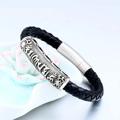 Retro Braided Cowhide Leather Bracelet For Men Women Stainless Steel Om Mani Padme Hum Six-Syllable Mantra Religious Ethnic Jewelry With Magnetic Clasp