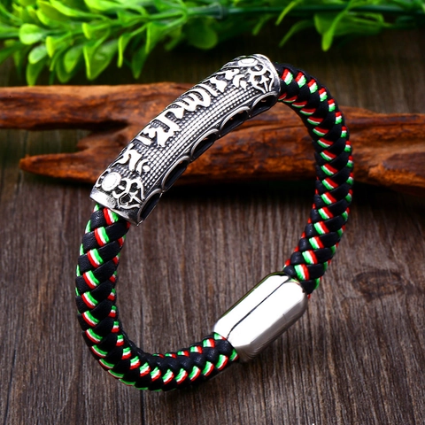 Retro Braided Cowhide Leather Bracelet For Men Women Stainless Steel Om Mani Padme Hum Six-Syllable Mantra Religious Ethnic Jewelry With Magnetic Clasp