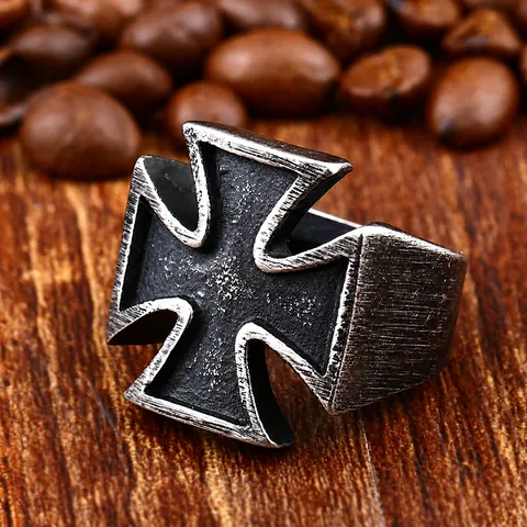 Men's Vintage Stainless Steel Iron Cross Ring Gothic Biker Style Antique Silver Finish Wide Band Fashion Finger Jewelry