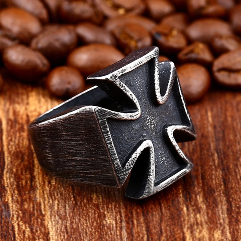 Men's Vintage Stainless Steel Iron Cross Ring Gothic Biker Style Antique Silver Finish Wide Band Fashion Finger Jewelry