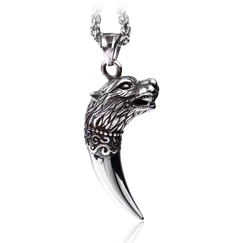 Vintage Stainless Steel Wolf Head Tooth Pendant Necklace For Men Punk Gothic Retro Animal Wolf Tooth Charm Jewelry Gift