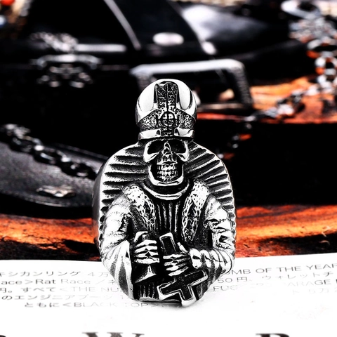 Vintage Punk Stainless Steel Skull Pope Ring For Men Gothic Religious Inverted Cross Priest Crown Retro Silver Biker Ring