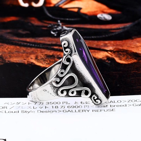 Gothic Coffin Ring For Men Stainless Steel Punk Skeleton Skull Grim Reaper Purple Relief Ring Vintage Biker Jewelry Gift