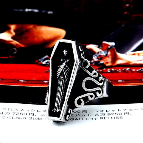 Gothic Punk Coffin Ring For Men Stainless Steel Grim Reaper Vampire Ring Vintage Scrollwork Pattern Jewelry Party Gift