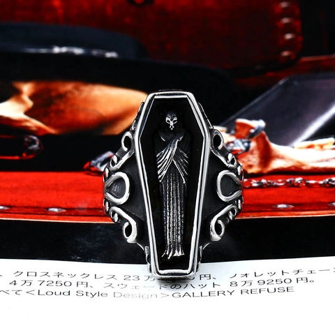 Gothic Punk Coffin Ring For Men Stainless Steel Grim Reaper Vampire Ring Vintage Scrollwork Pattern Jewelry Party Gift