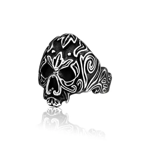 Vintage Gothic Skull Head Ring For Men 316L Stainless Steel Scroll Carved Punk Rock Viking Biker Signet Ring Jewelry